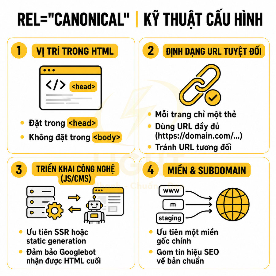 Hướng dẫn cấu hình thẻ rel canonical trong HTML với vị trí, URL tuyệt đối, công nghệ triển khai và miền subdomain