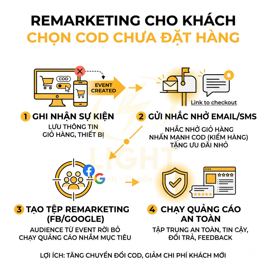 Quy trình remarketing cho khách chọn COD chưa đặt hàng với 4 bước từ ghi nhận sự kiện đến chạy quảng cáo an toàn