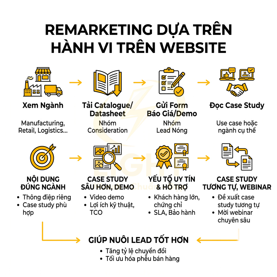Quy trình remarketing dựa trên hành vi website với các bước xem ngành, tải tài liệu, gửi form, đọc case study và nuôi lead