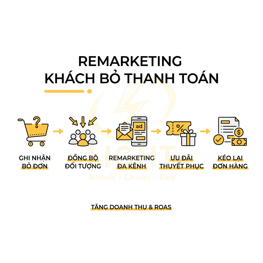 Quy trình remarketing khách bỏ thanh toán với các bước ghi nhận bỏ đơn đến kéo lại đơn hàng tăng doanh thu