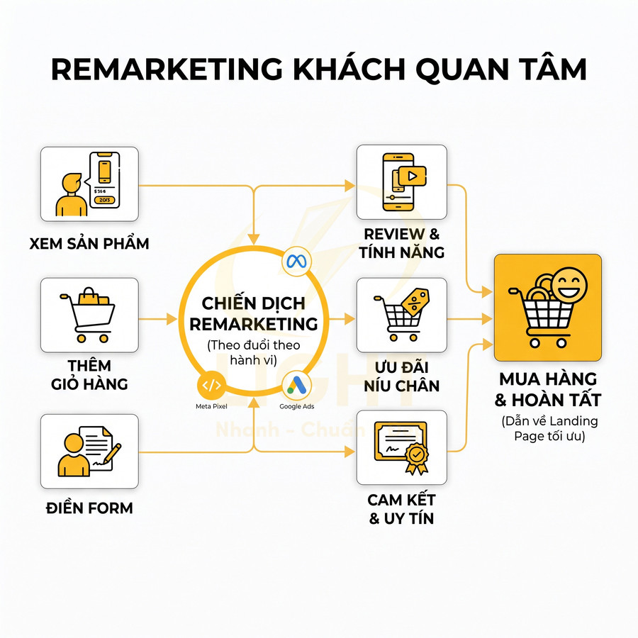 Sơ đồ quy trình remarketing khách quan tâm từ xem sản phẩm đến mua hàng và hoàn tất đơn trên landing page