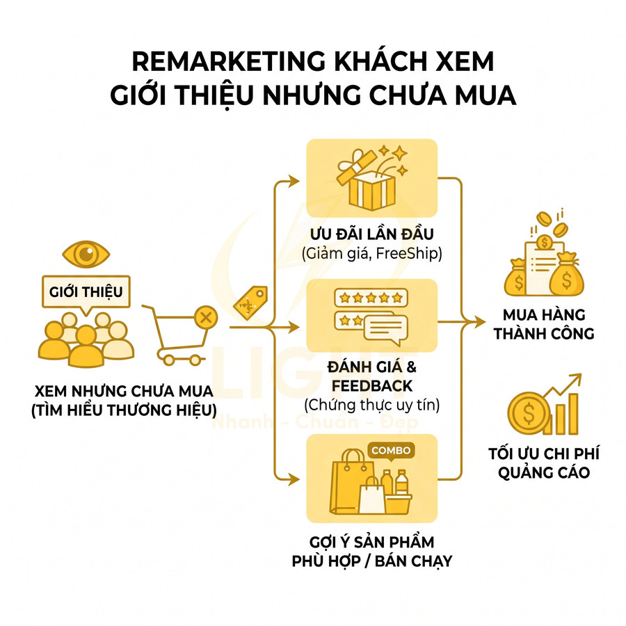 Sơ đồ quy trình remarketing khách xem giới thiệu chưa mua với ưu đãi, đánh giá và gợi ý sản phẩm để tăng mua hàng