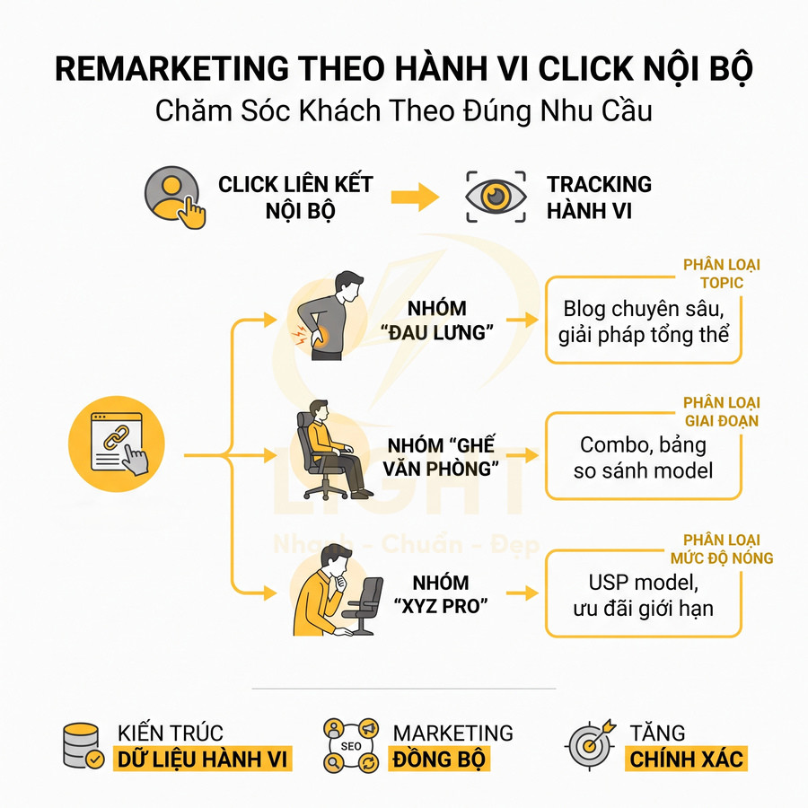 Sơ đồ remarketing theo hành vi click nội bộ, phân nhóm khách hàng và nội dung chăm sóc theo nhu cầu
