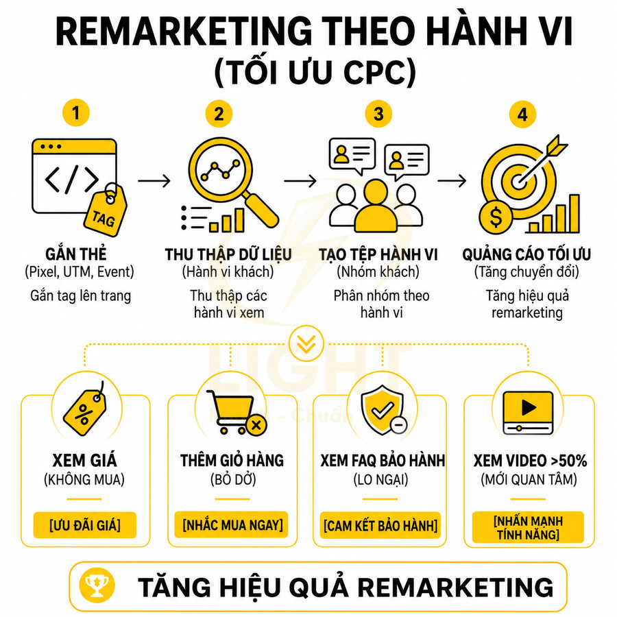 Quy trình remarketing theo hành vi tối ưu CPC với các bước gắn thẻ, thu thập dữ liệu, tạo tệp hành vi và quảng cáo tối ưu