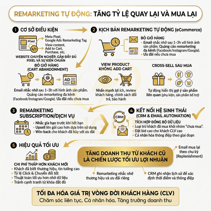 Infographic quy trình remarketing tự động tăng tỷ lệ quay lại mua hàng và tối đa hóa giá trị vòng đời khách hàng