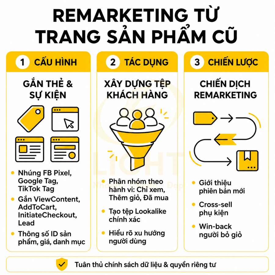 Remarketing từ trang sản phẩm cũ với cấu hình gắn thẻ, xây dựng tệp khách hàng và chiến lược chiến dịch remarketing