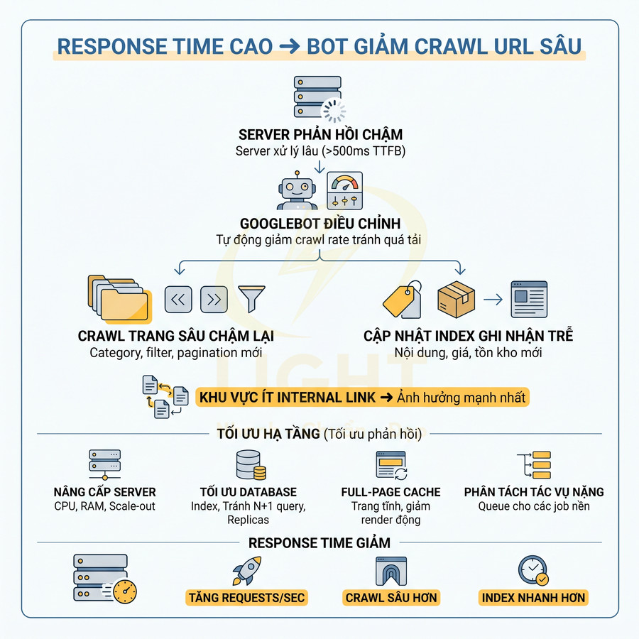 Sơ đồ minh họa ảnh hưởng của response time cao đến crawl sâu URL và các giải pháp tối ưu server, database, cache