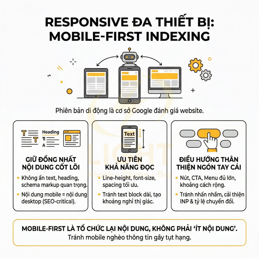 Infographic hướng dẫn tối ưu responsive đa thiết bị và mobile first indexing cho website