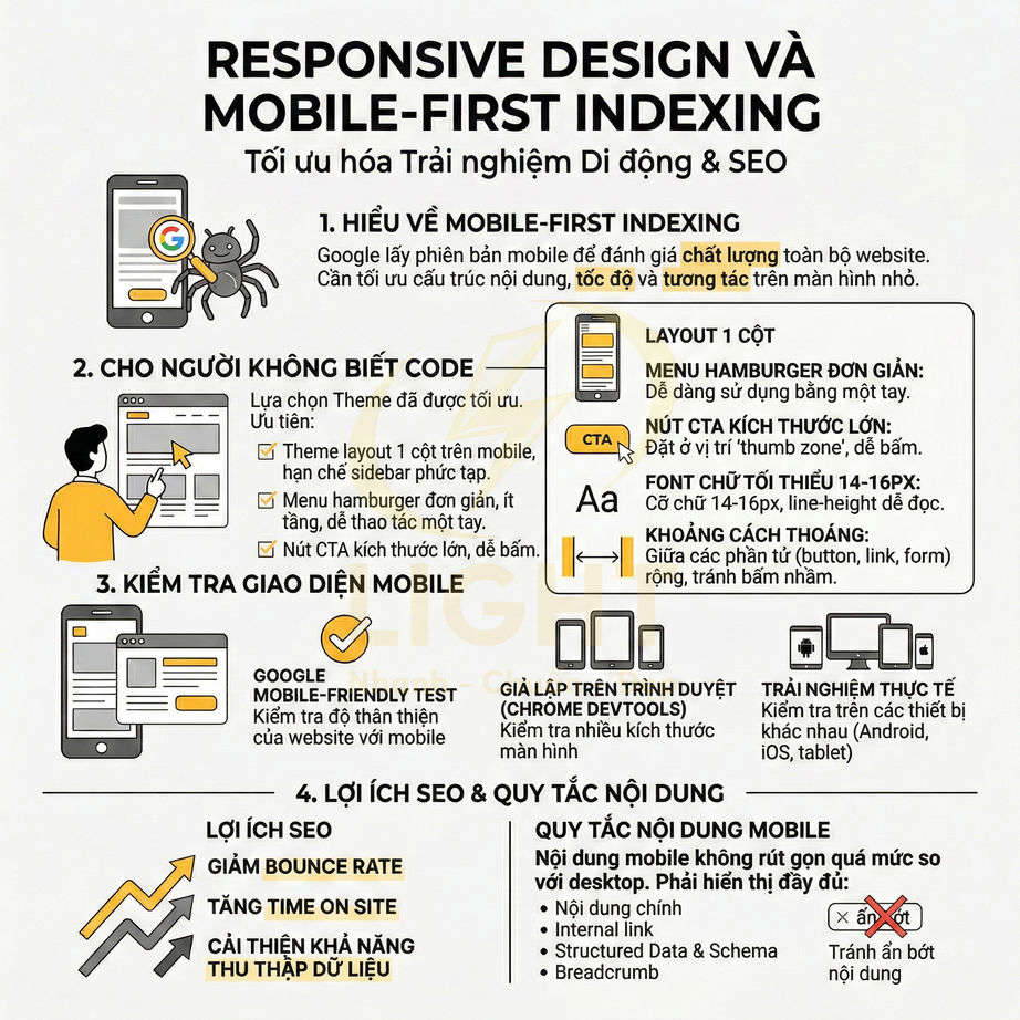 Infographic hướng dẫn tối ưu responsive design và mobile first indexing để cải thiện trải nghiệm di động và SEO