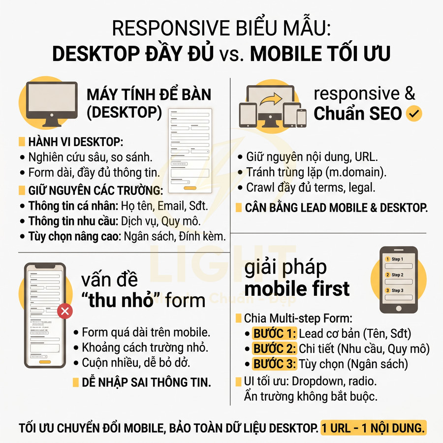 Infographic so sánh responsive form desktop đầy đủ và giải pháp mobile first tối ưu chuyển đổi SEO
