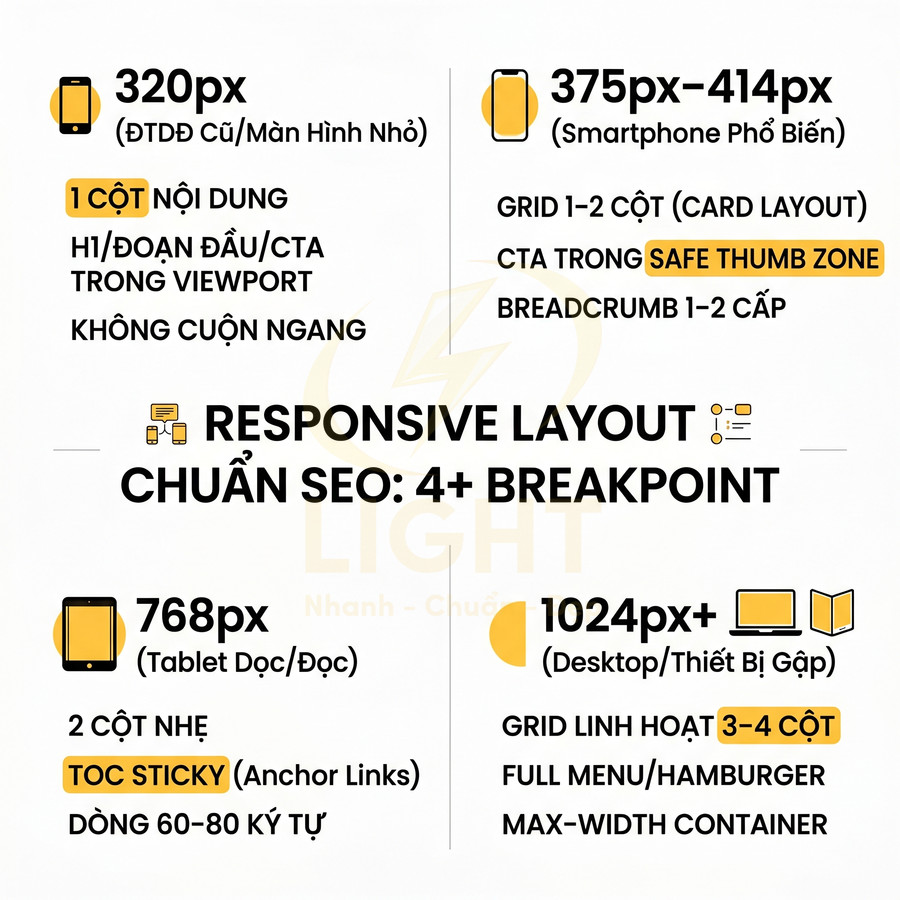 Hướng dẫn responsive layout chuẩn SEO với 4 breakpoint cho mobile, tablet và desktop