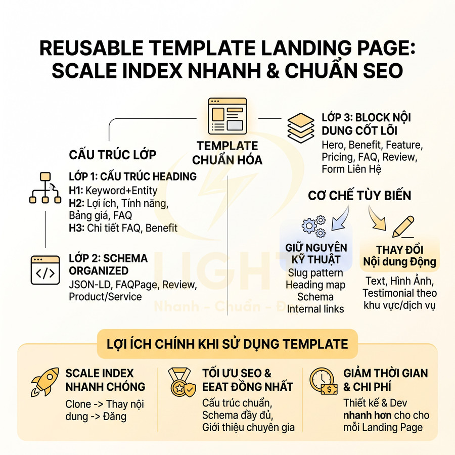 Template landing page chuẩn SEO với cấu trúc heading, schema và block nội dung giúp scale index nhanh chóng