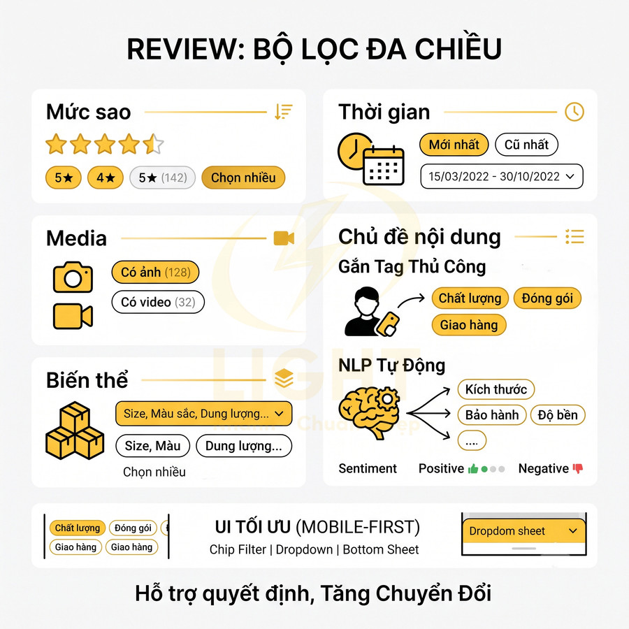Giao diện bộ lọc đa chiều cho review sản phẩm với các tiêu chí sao, thời gian, media, chủ đề và biến thể