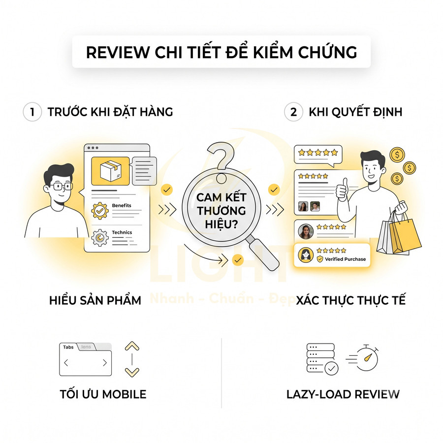 Infographic quy trình review chi tiết sản phẩm giúp hiểu rõ, xác thực thương hiệu và tối ưu hiển thị đánh giá trên mobile