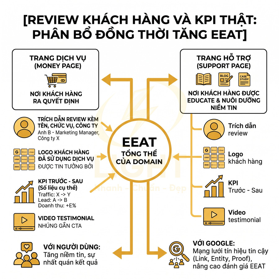 Sơ đồ phân bổ review khách hàng và KPI thật để tăng EEAT tổng thể cho domain trong chiến lược SEO
