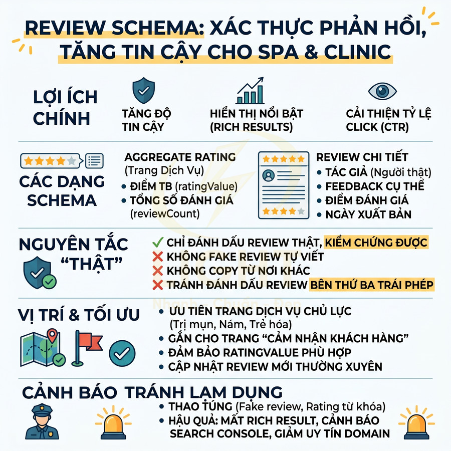 Infographic hướng dẫn sử dụng review schema để tăng độ tin cậy và tối ưu SEO cho website spa và clinic