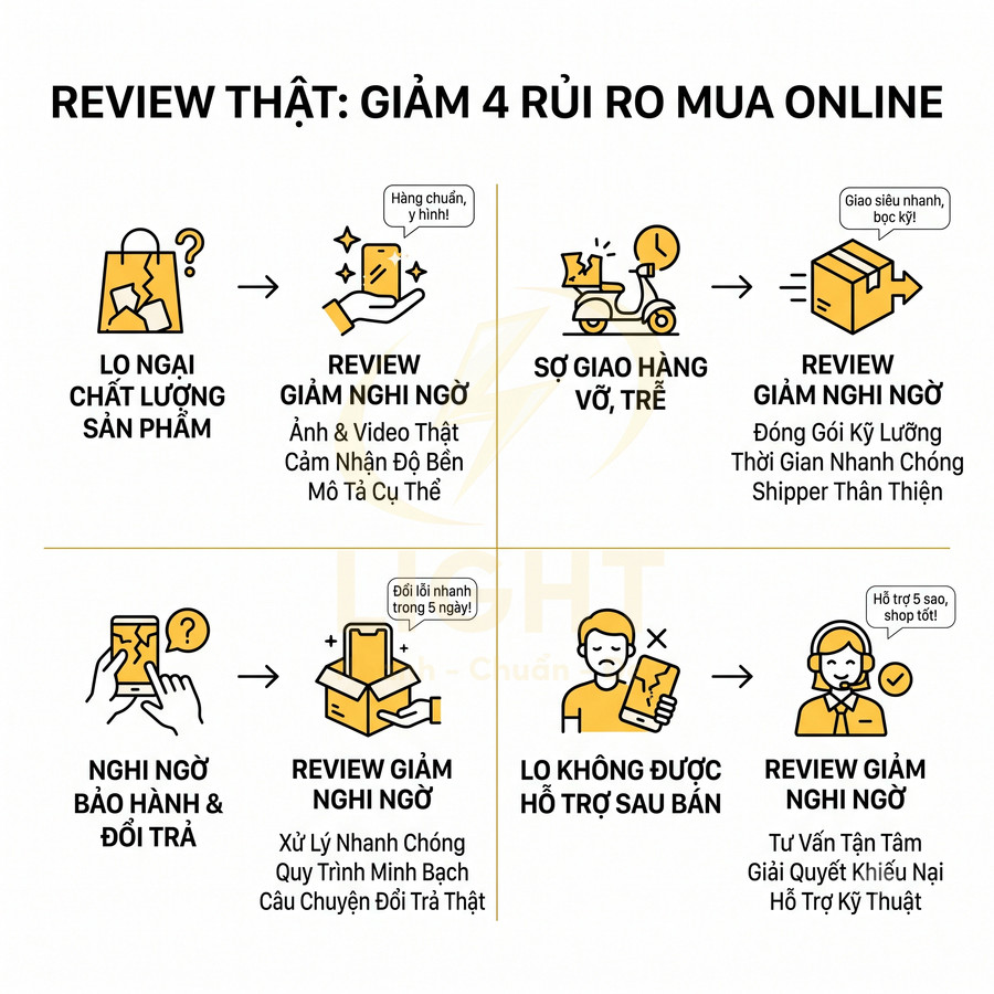 Infographic review thật giảm 4 rủi ro mua hàng online về chất lượng, giao hàng, bảo hành và hỗ trợ sau bán
