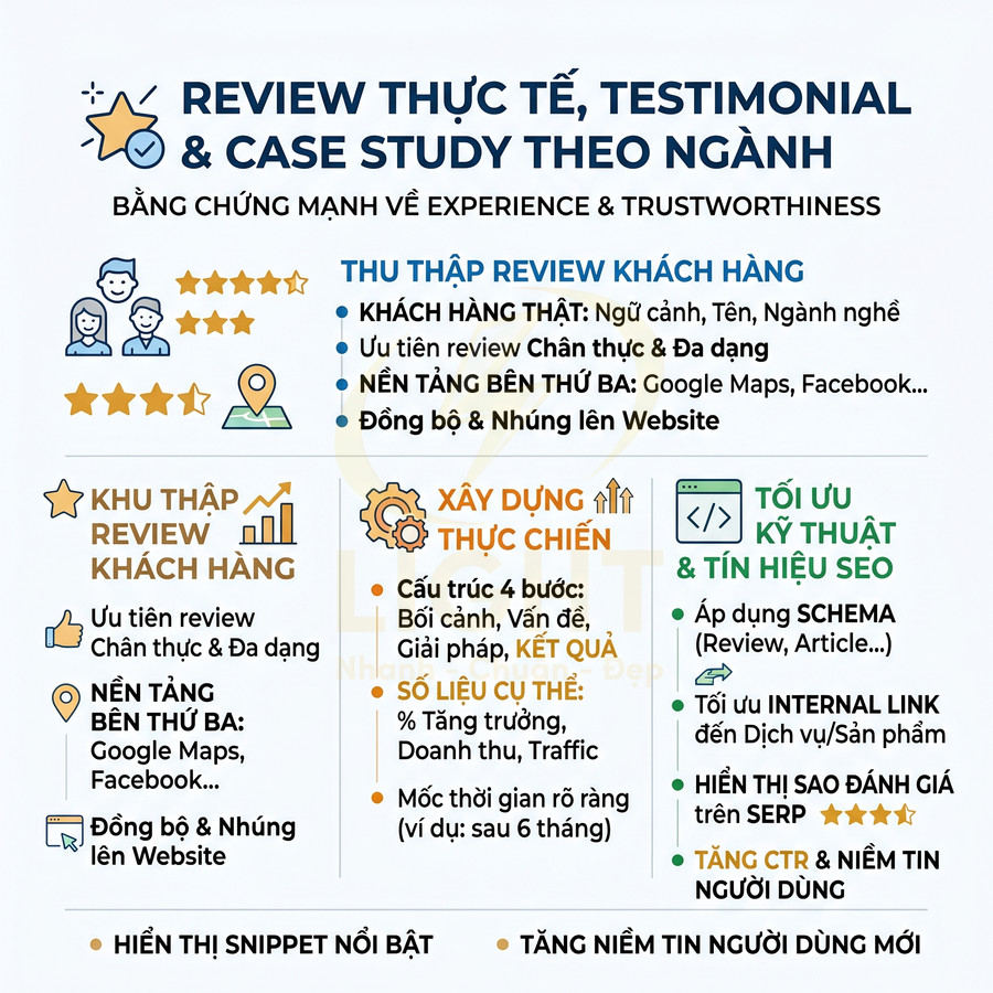 Infographic hướng dẫn thu thập review khách hàng, xây dựng case study và tối ưu SEO tăng uy tín thương hiệu