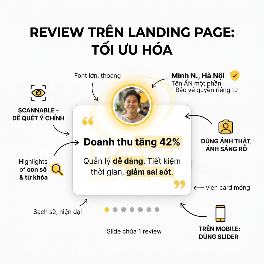 Mẫu thiết kế review tối ưu hóa trên landing page với ảnh khách hàng, số liệu tăng doanh thu 42% và gợi ý trình bày rõ ràng