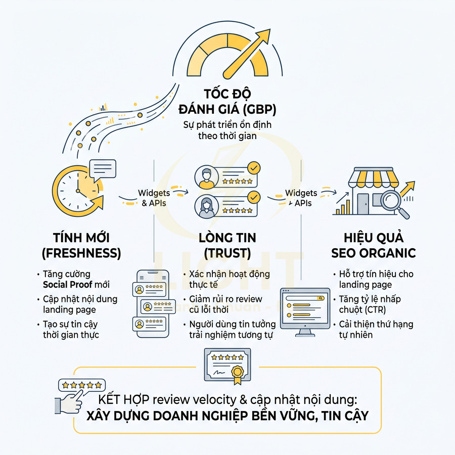 Infographic lợi ích review velocity cho doanh nghiệp: tăng tính mới, lòng tin khách hàng và hiệu quả SEO organic