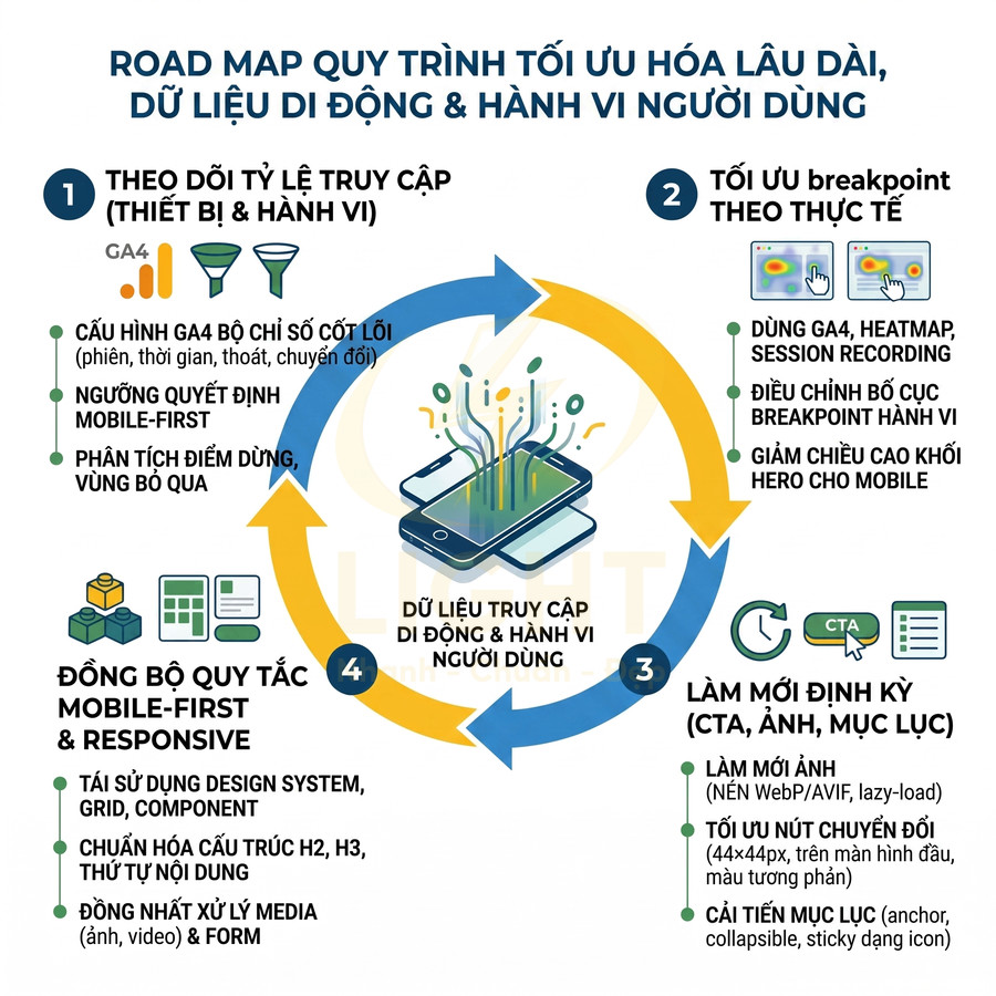 Roadmap tối ưu hóa dữ liệu di động và hành vi người dùng với các bước theo dõi, tối ưu breakpoint, CTA và mobile first