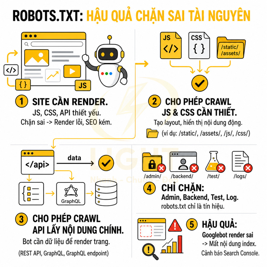 Infographic hướng dẫn cấu hình robots.txt đúng để cho phép crawl JS, CSS, API và tránh chặn sai tài nguyên SEO
