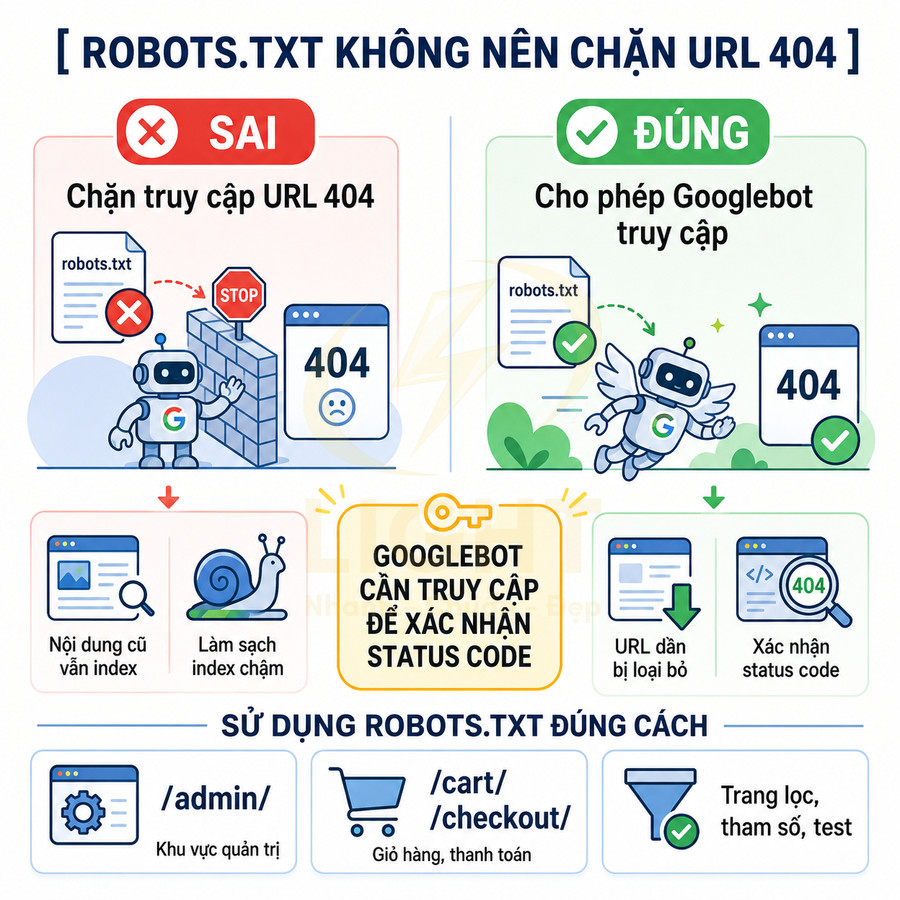 Hướng dẫn SEO robots.txt không chặn URL 404 và cho phép Googlebot truy cập để xác nhận status code
