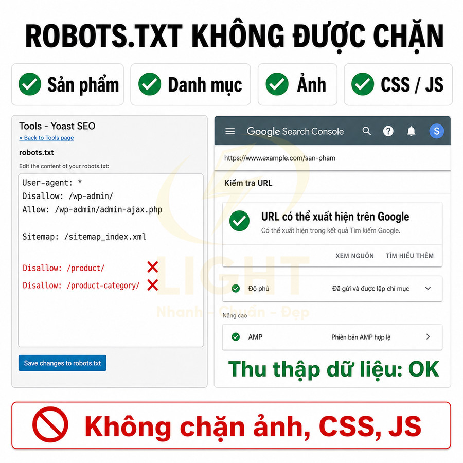 Hướng dẫn cấu hình robots.txt chuẩn SEO để không chặn sản phẩm danh mục hình ảnh CSS JS