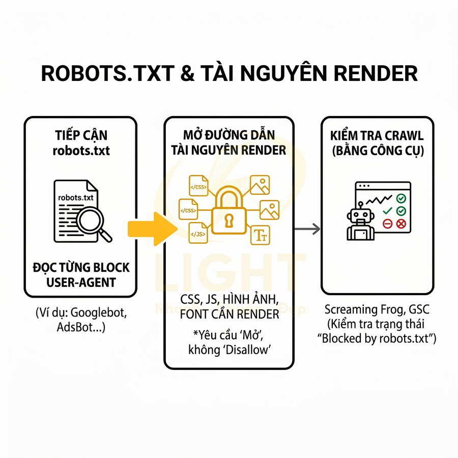Minh họa quy trình tối ưu robots.txt và tài nguyên render CSS JS hình ảnh cho SEO