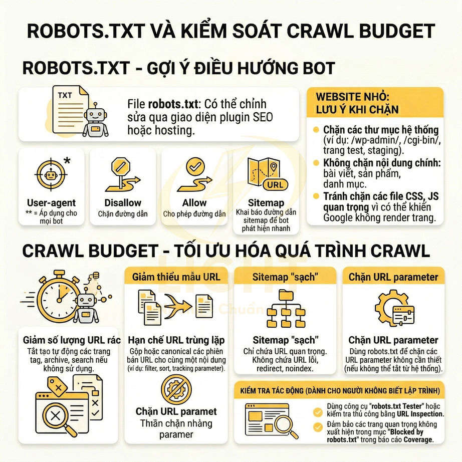 Hướng dẫn tối ưu robots.txt và kiểm soát crawl budget với các thiết lập user agent, disallow, allow, sitemap và chặn URL parameter