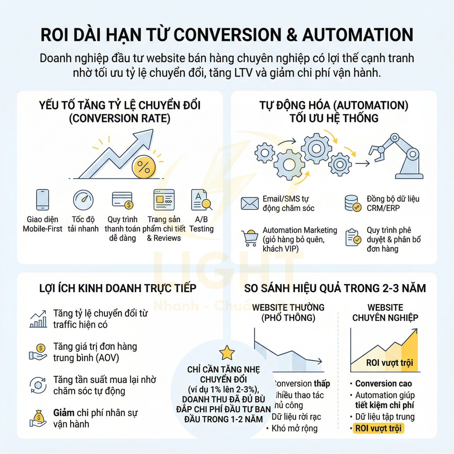 Infographic ROI dài hạn từ conversion và automation cho website bán hàng chuyên nghiệp