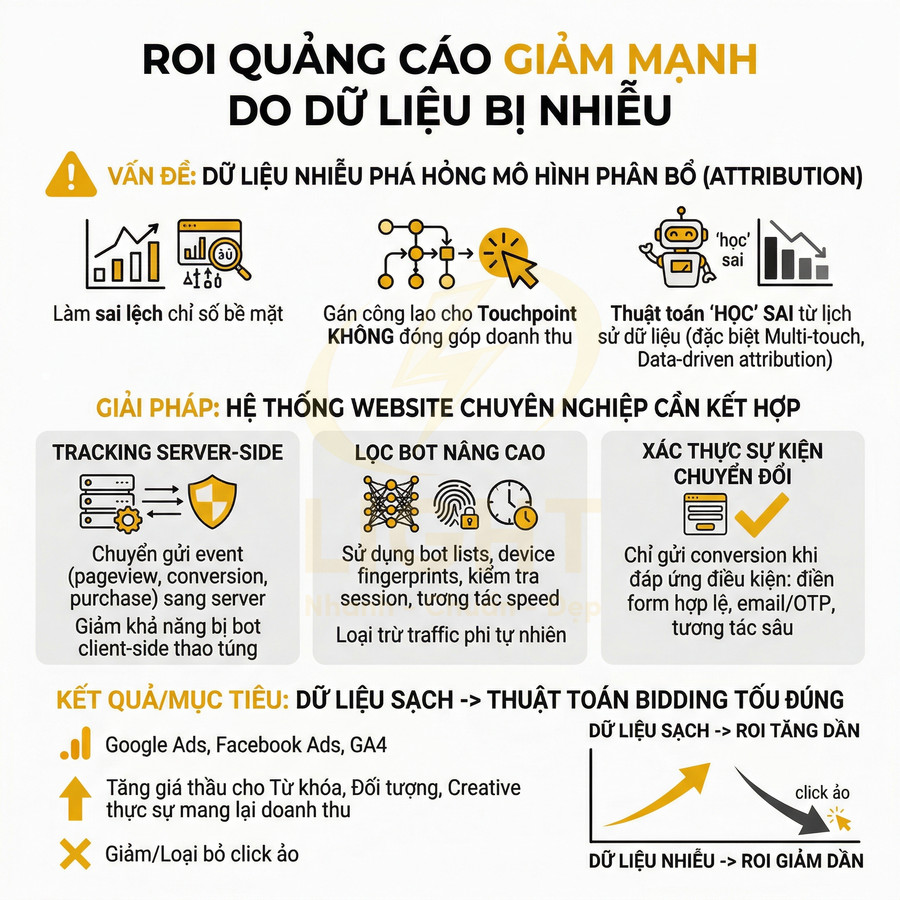 Infographic về ROI quảng cáo giảm do dữ liệu nhiễu và giải pháp tracking server side, lọc bot, xác thực chuyển đổi