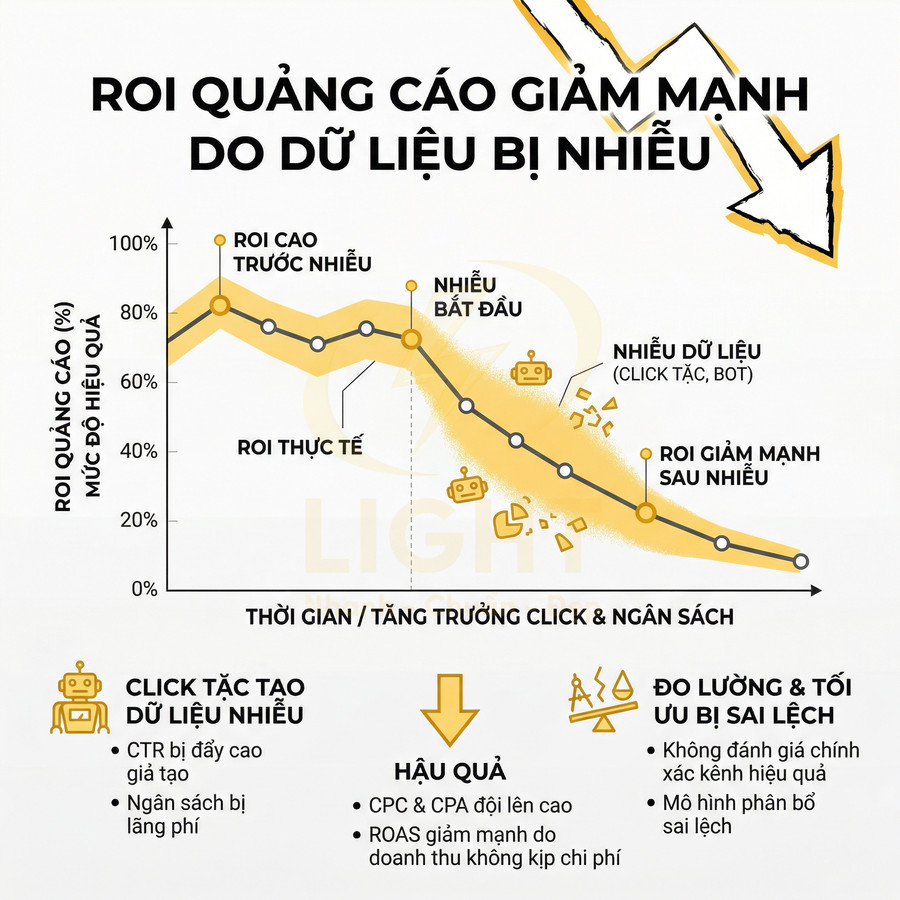 Biểu đồ ROI quảng cáo giảm mạnh theo thời gian do dữ liệu nhiễu từ click tặc và bot