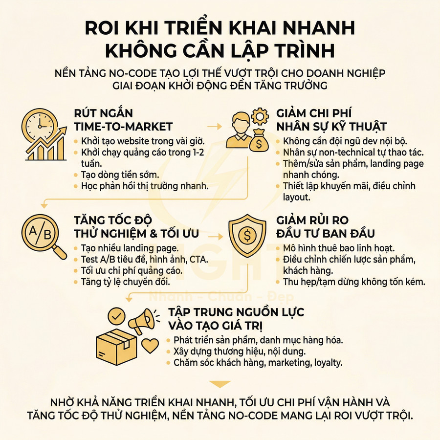 Infographic lợi ích ROI khi triển khai nền tảng no code cho doanh nghiệp, nhấn mạnh rút ngắn time to market và giảm chi phí