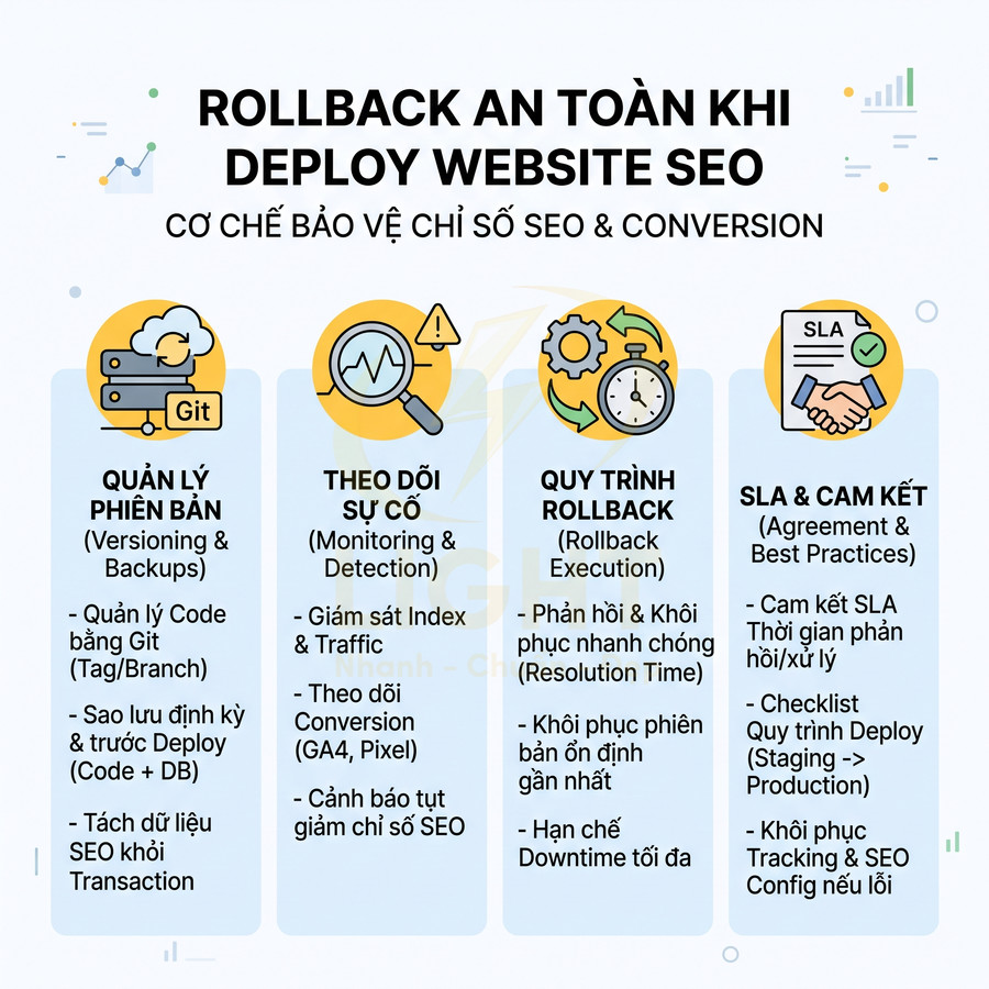 Rollback an toàn khi deploy website SEO với quản lý phiên bản, theo dõi sự cố, quy trình rollback và SLA cam kết