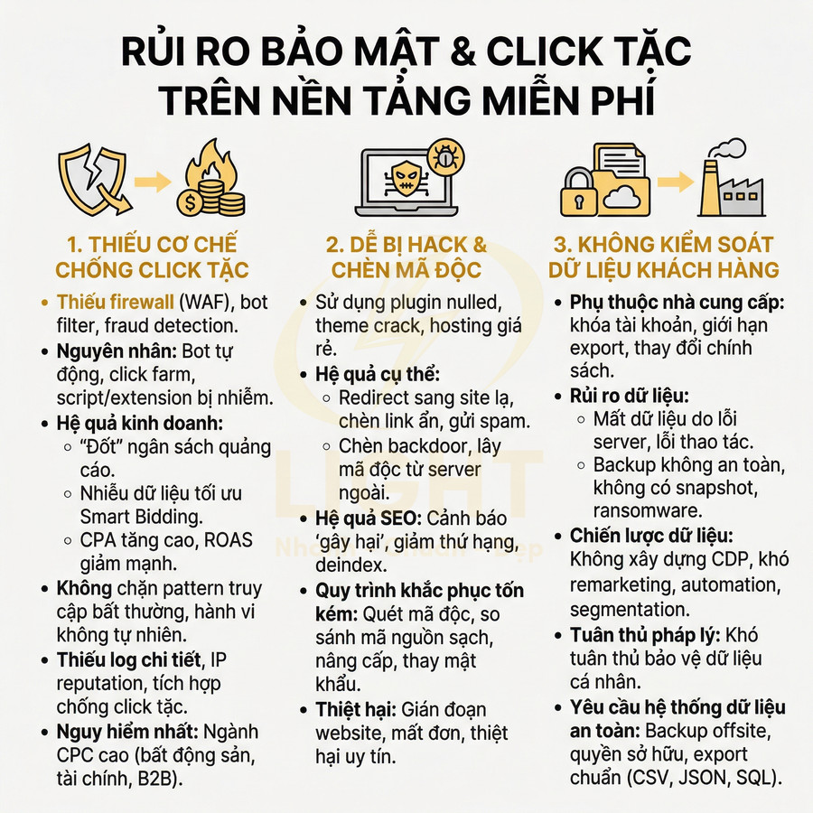 Infographic rủi ro bảo mật và click tặc khi dùng nền tảng miễn phí trong quảng cáo và quản lý dữ liệu khách hàng