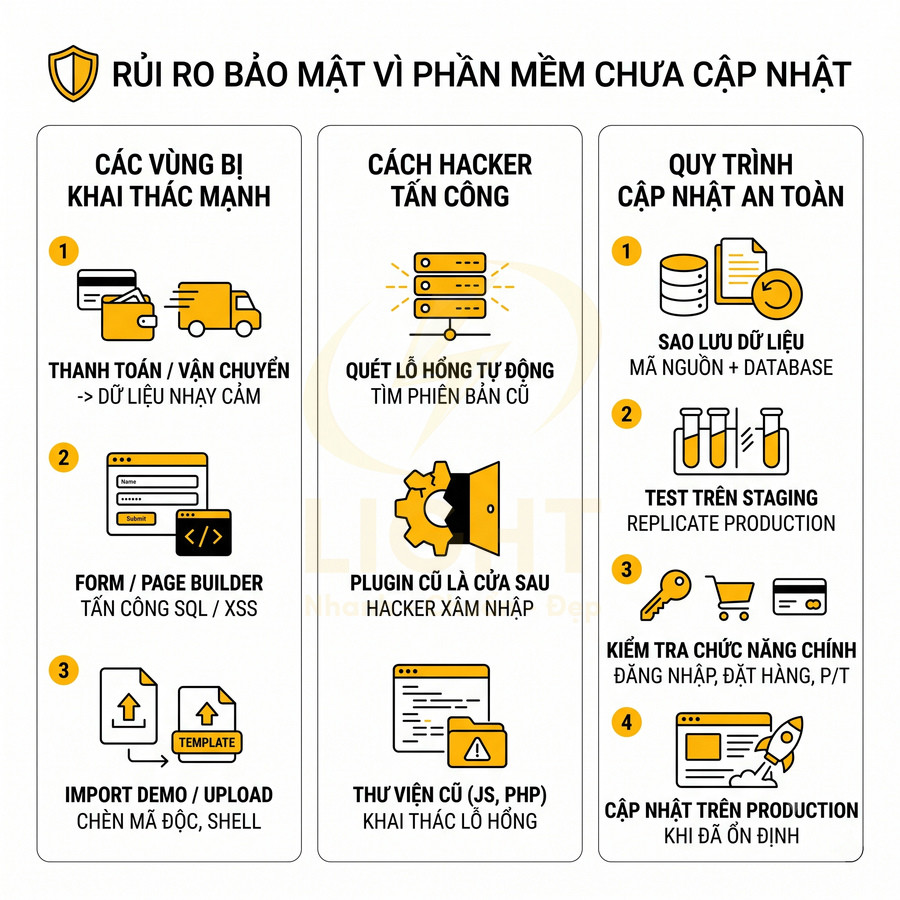 Infographic rủi ro bảo mật do phần mềm chưa cập nhật và quy trình cập nhật website an toàn