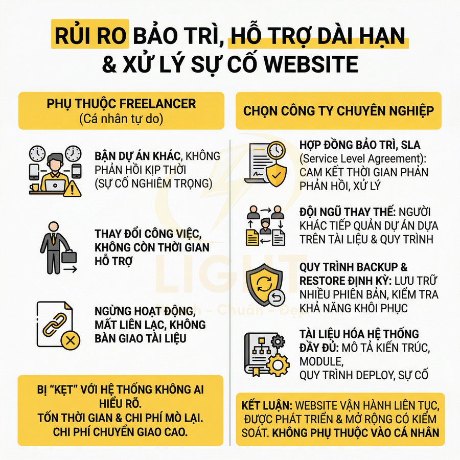 Infographic so sánh rủi ro bảo trì website khi thuê freelancer và lợi ích chọn công ty chuyên nghiệp
