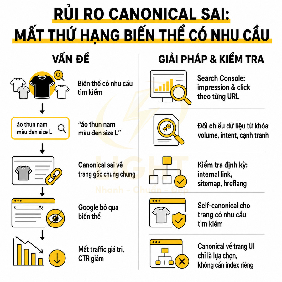 Infographic rủi ro canonical sai làm mất thứ hạng biến thể sản phẩm áo thun nam trong SEO và cách kiểm tra khắc phục