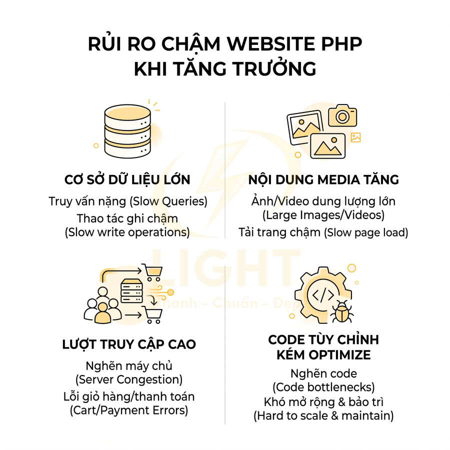 Infographic rủi ro website PHP chậm khi tăng trưởng do dữ liệu lớn, media nặng, lượt truy cập cao và code kém tối ưu