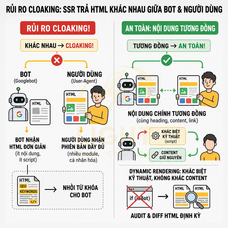 Minh họa rủi ro cloaking khi SSR trả HTML khác nhau cho bot Google và người dùng, so sánh nội dung an toàn và không an toàn