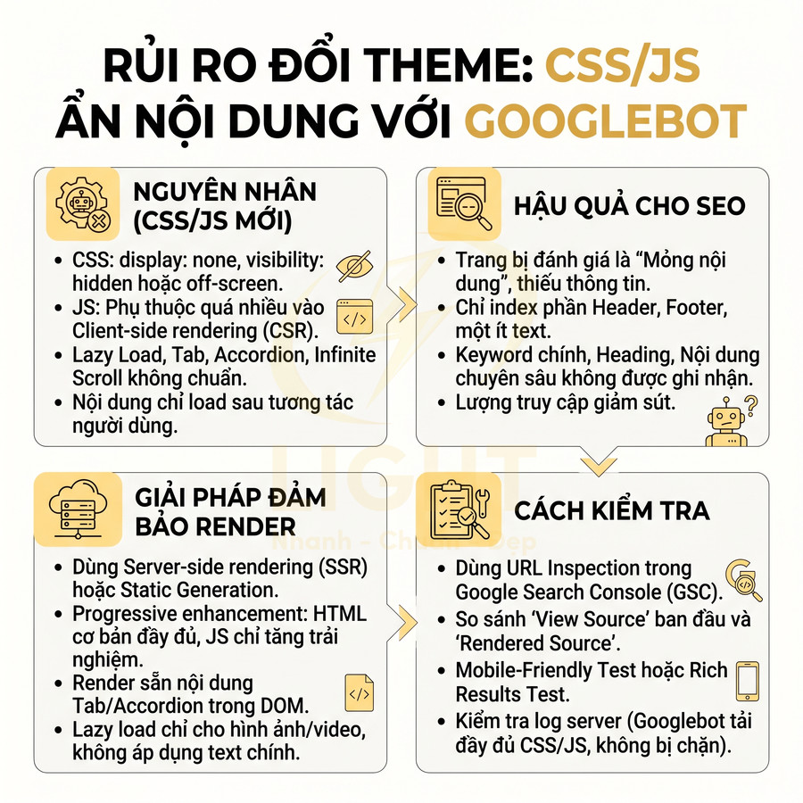 Rủi ro đổi theme CSS JS làm ẩn nội dung với Googlebot và giải pháp đảm bảo render, cách kiểm tra SEO