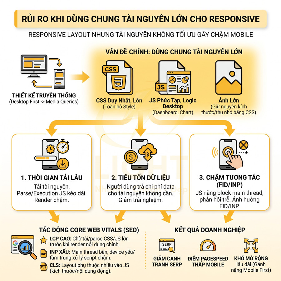 Infographic rủi ro dùng chung tài nguyên lớn cho responsive, ảnh minh họa CSS, JS, ảnh lớn gây chậm web mobile