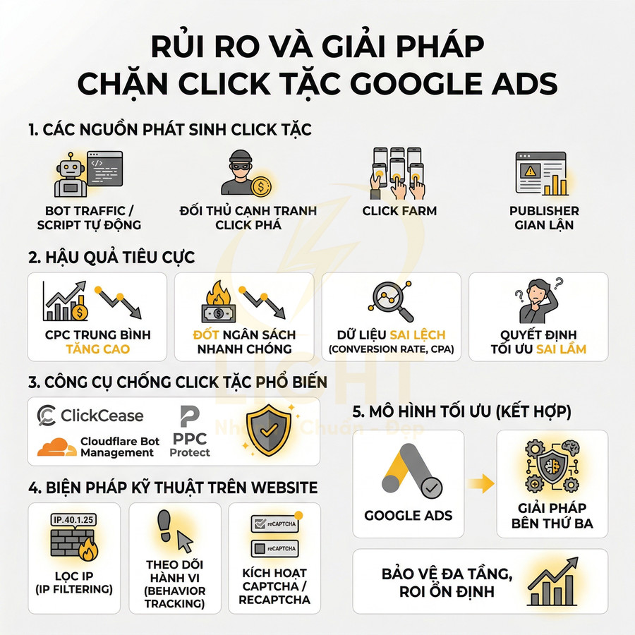 Rủi ro click tặc và giải pháp chặn click ảo Google Ads, công cụ chống click tặc và biện pháp kỹ thuật trên website