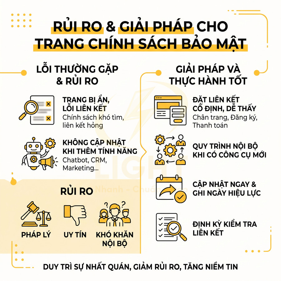 Rủi ro và giải pháp cho trang chính sách bảo mật, liệt kê lỗi thường gặp và thực hành tốt để giảm rủi ro