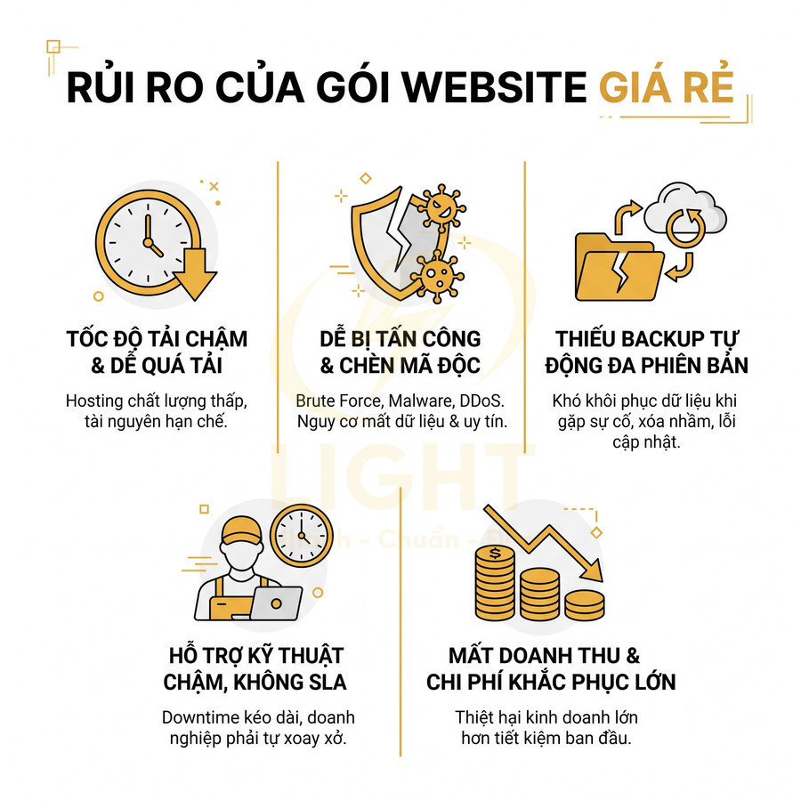 Infographic rủi ro khi dùng gói thiết kế website giá rẻ như tải chậm, bảo mật kém, thiếu backup, hỗ trợ chậm