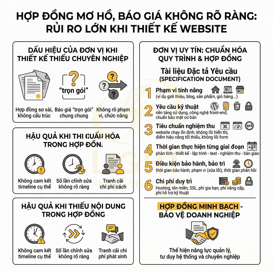 Infographic cảnh báo rủi ro hợp đồng mơ hồ khi thiết kế website và lợi ích của hợp đồng minh bạch