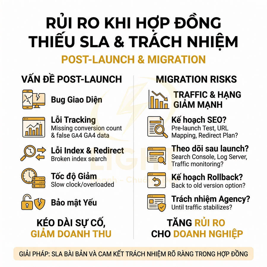 Infographic rủi ro khi hợp đồng thiếu SLA và trách nhiệm trong giai đoạn post launch và migration website
