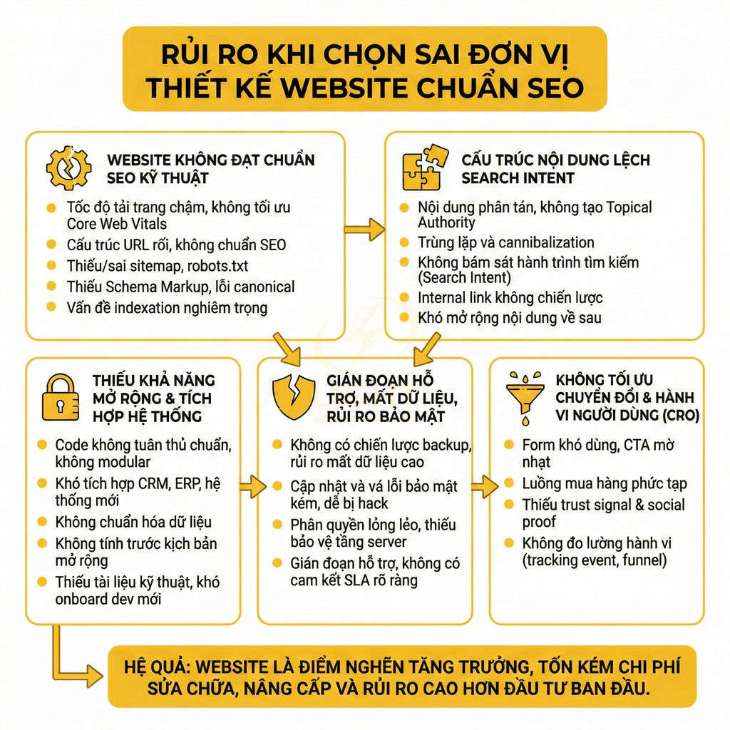 Infographic rủi ro khi chọn sai đơn vị thiết kế website chuẩn SEO và các hậu quả cho doanh nghiệp
