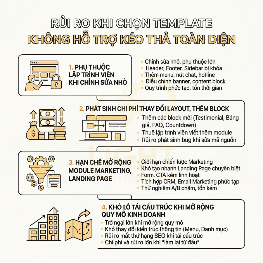 Infographic rủi ro khi chọn template website không hỗ trợ kéo thả toàn diện cho chỉnh sửa và mở rộng marketing